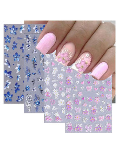 Calcomanías de Uñas YUEJIMEIGUI 4 Hojas Flores Azules 5D