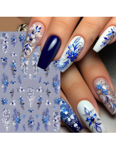 Calcomanías de Uñas YUEJIMEIGUI 4 Hojas Flores Azules 5D 2
