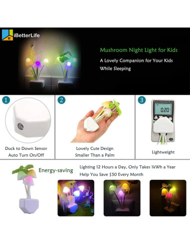Luz Nocturna LED iBetterLife Hongo 2 Paquete Cambiante Color