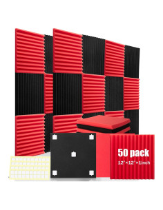 Paquete de 50 Paneles Acústicos 30x30 cm - Espuma Aislante Negra y Roja