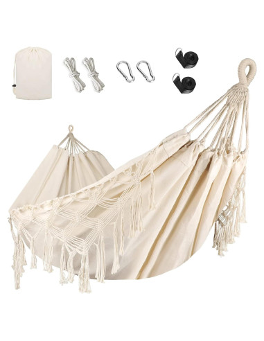 Hamaca Doble Bellzacasa Beige 250 kg con Borlas y Correas