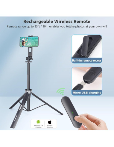 Bastón de Selfie Magnético Koolehaoda 64" con Trípode