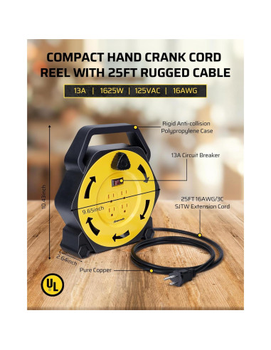 Carrete de Cable de Extensión DEWENWILS 25 PIES 13A Amarillo/Negro