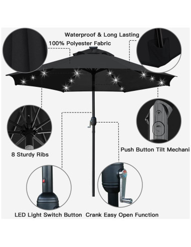Sombrilla de Patio Solar Sunnyglade 2.74m con LED y Manivela