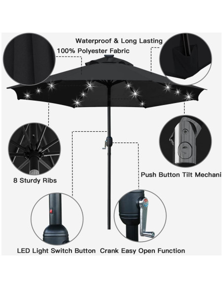 Sombrilla de Patio Solar Sunnyglade 2.74m con LED y Manivela