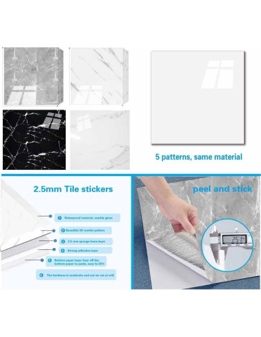 10 Hojas Azulejo Autoadhesivo PVC Mármol Gris 30.48x30.48cm