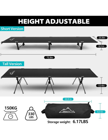 Cama de Camping Ajustable SNSUTY XL 150 kg Plegable 2.7 kg