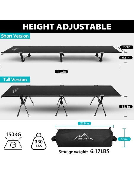 Cama de Camping Ajustable SNSUTY XL 150 kg Plegable 2.7 kg