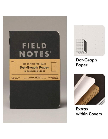 Cuadernos de Memoria Field Notes Pitch Black - 3 Pack, Papel de Puntos