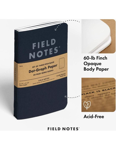 Cuadernos de Memoria Field Notes Pitch Black - 3 Pack, Papel de Puntos