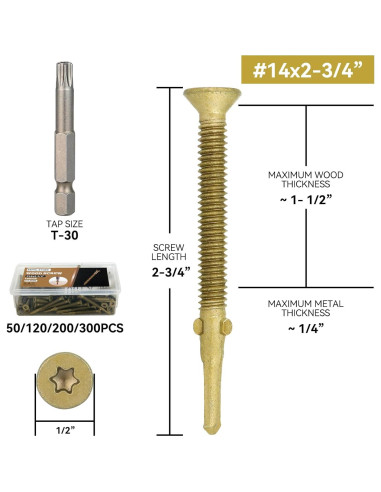 50 Tornillos Autoperforantes T30 Torx 14 x 70 mm para Madera a Metal
