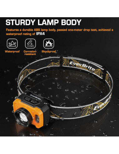 Linterna Frontal LED EverBrite Recargable 600 Lúmenes Naranja