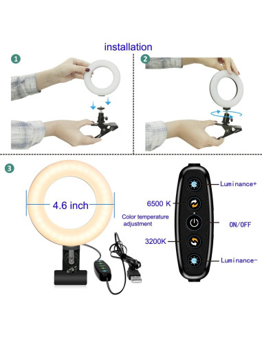 Kit de Iluminación LED Ring Light 3200K-6500K Ajustable para Videoconferencias y Creadores de Contenido