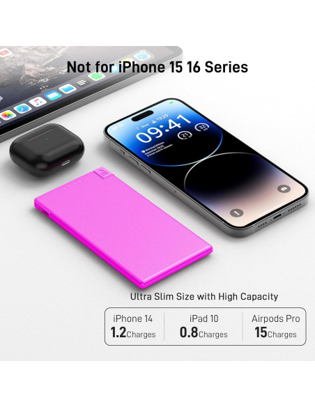 Cargador Portátil Delgado Auskang 5000mAh con Cable Lightning Rosa Cargador Portátil Delgado Auskang 5000mAh con Cable Lightning Rosa