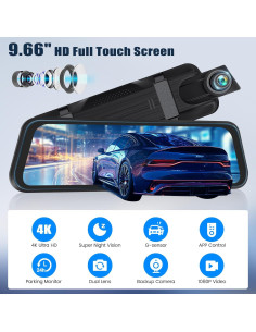 Cámara de tablero espejo 4K AMprime 9.66" con visión nocturna 2