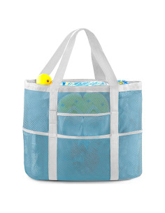 Bolsa de Playa Grande EASYFUN de Malla Ligera Azul con 9 Bolsillos