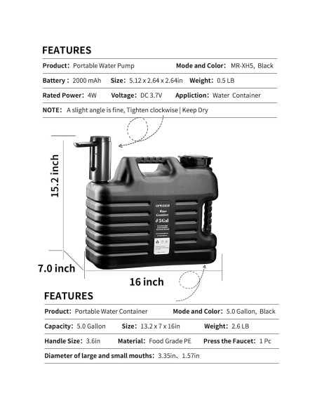 Jarra de Agua Portátil 19 Litros UPWOIGH con Bomba Táctil Negra