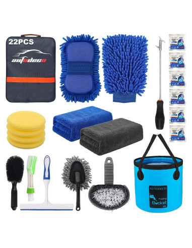 Kit de Limpieza para Autos AUTODECO 22 Piezas con Cubo Plegable