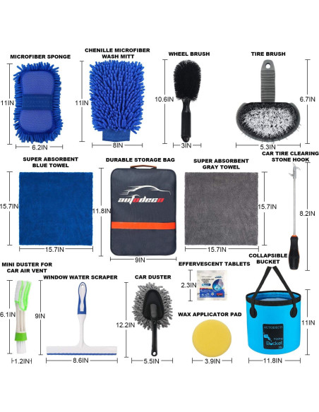 Kit de Limpieza para Autos AUTODECO 22 Piezas con Cubo Plegable
