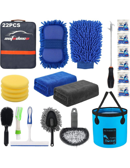 Kit de Limpieza para Autos AUTODECO 22 Piezas con Cubo Plegable