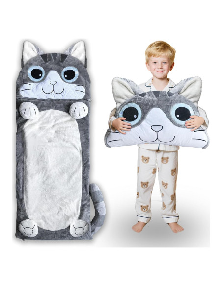 Saco de dormir Micling gris gato para niños 3-12 años