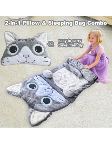 Saco de dormir Micling gris gato para niños 3-12 años