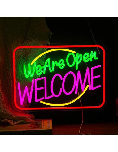 Cartel Neón LED Abierto Bienvenido JLEWUINH 42x30 cm