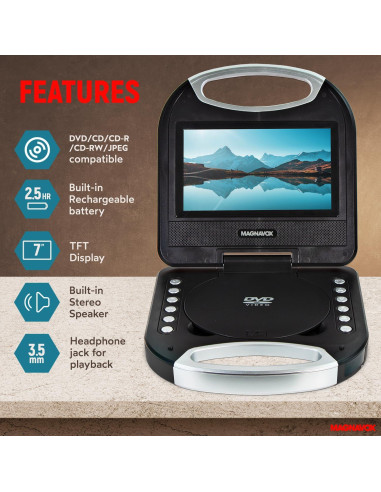 Reproductor DVD/CD Portátil Magnavox MTFT750-BK 7" Negro