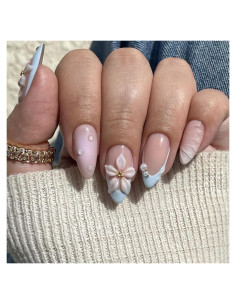 Kit 24 Uñas Postizas Almendra OSTTMA 3D Flor Azul Reutilizables