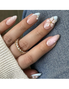 Kit 24 Uñas Postizas Almendra OSTTMA 3D Flor Azul Reutilizables 2