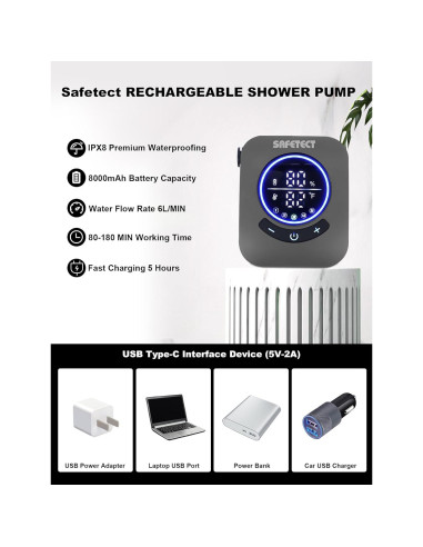 Bomba de Ducha Portátil Safetect A2501, 8000mAh, 5 Modos