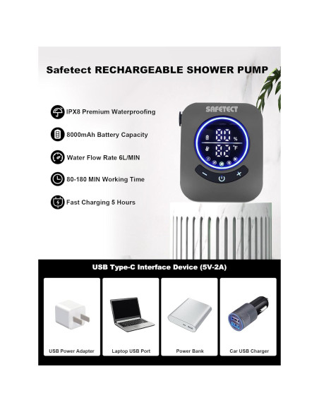 Bomba de Ducha Portátil Safetect A2501, 8000mAh, 5 Modos