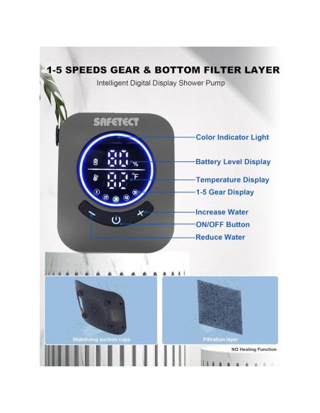 Bomba de Ducha Portátil Safetect A2501, 8000mAh, 5 Modos