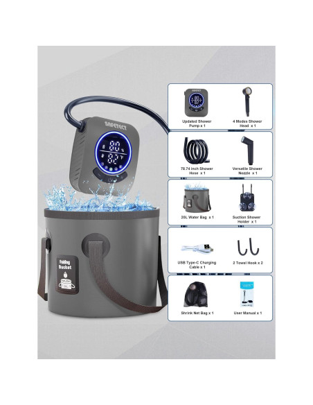 Bomba de Ducha Portátil Safetect A2501, 8000mAh, 5 Modos