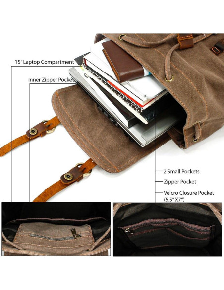 Mochila de Lona Vintage Gearonic 15" Marrón para Viajes