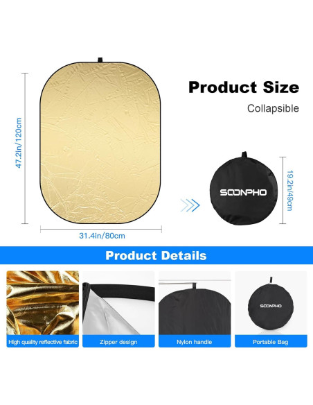 Reflector de Fotografía 5-en-1 Soonpho 80 x 120 cm Plegable