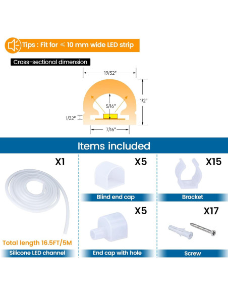 Canal LED de Silicona Muzata 5M IP67 Flexible para Tiras LED