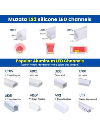 Canal LED de Silicona Muzata 5M IP67 Flexible para Tiras LED
