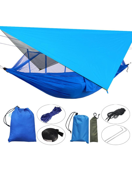 Hamaca de Camping Happy Camper Individual Azul con Cubierta de Lluvia