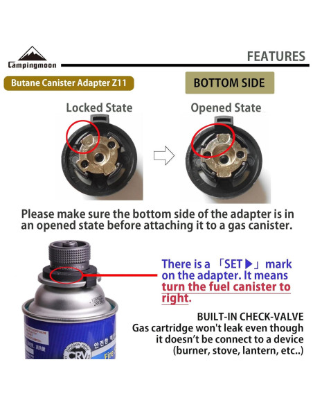 Adaptador de Estufa de Gas Campingmoon Z11 + Z22 para Butano y Propano
