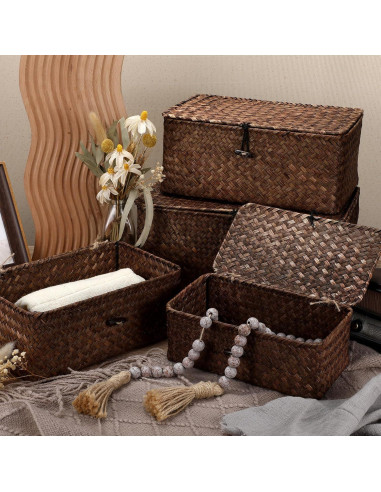 Conjunto de 4 Cestas de Almacenamiento Woanger de Mimbre Café