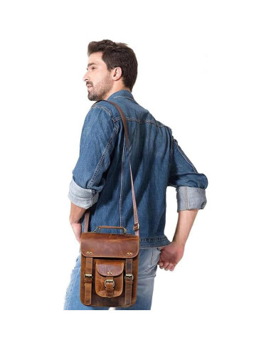 Bolsa Mensajera de Cuero Genuino Jaald Vintage 28 cm Marrón