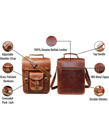 Bolsa Mensajera de Cuero Genuino Jaald Vintage 28 cm Marrón