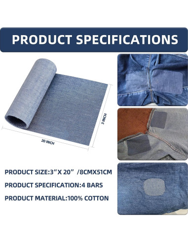 Parches de Denim Azul Azobur 4 Rollos 8x51 cm para Planchar