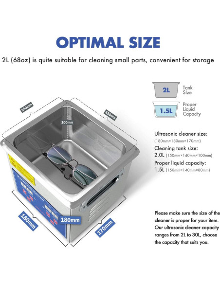 Limpiador de Piezas Ultrasónico 200W 2L Acero Inoxidable