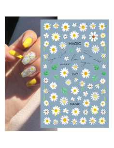 Calcomanías de Uñas 3D ZRZETREB Flores Margaritas 6 Hojas 2