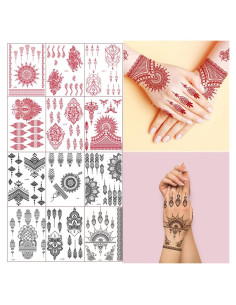 Calcomanías de Tatuaje de Henna Xmasir 12 Hojas Rojas y Negras