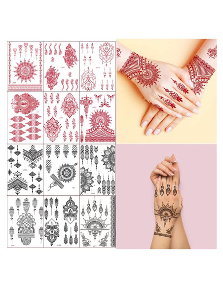 Calcomanías de Tatuaje de Henna Xmasir 12 Hojas Rojas y Negras