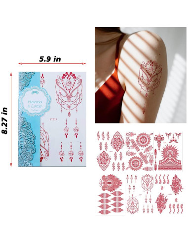 Calcomanías de Tatuaje de Henna Xmasir 12 Hojas Rojas y Negras