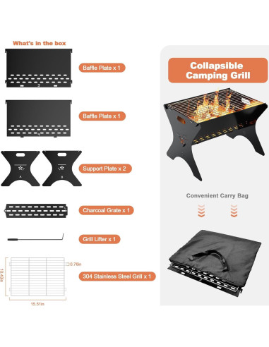 Parrilla de Camping Bearfire FR18 Plegable Carbón 40x31x28cm